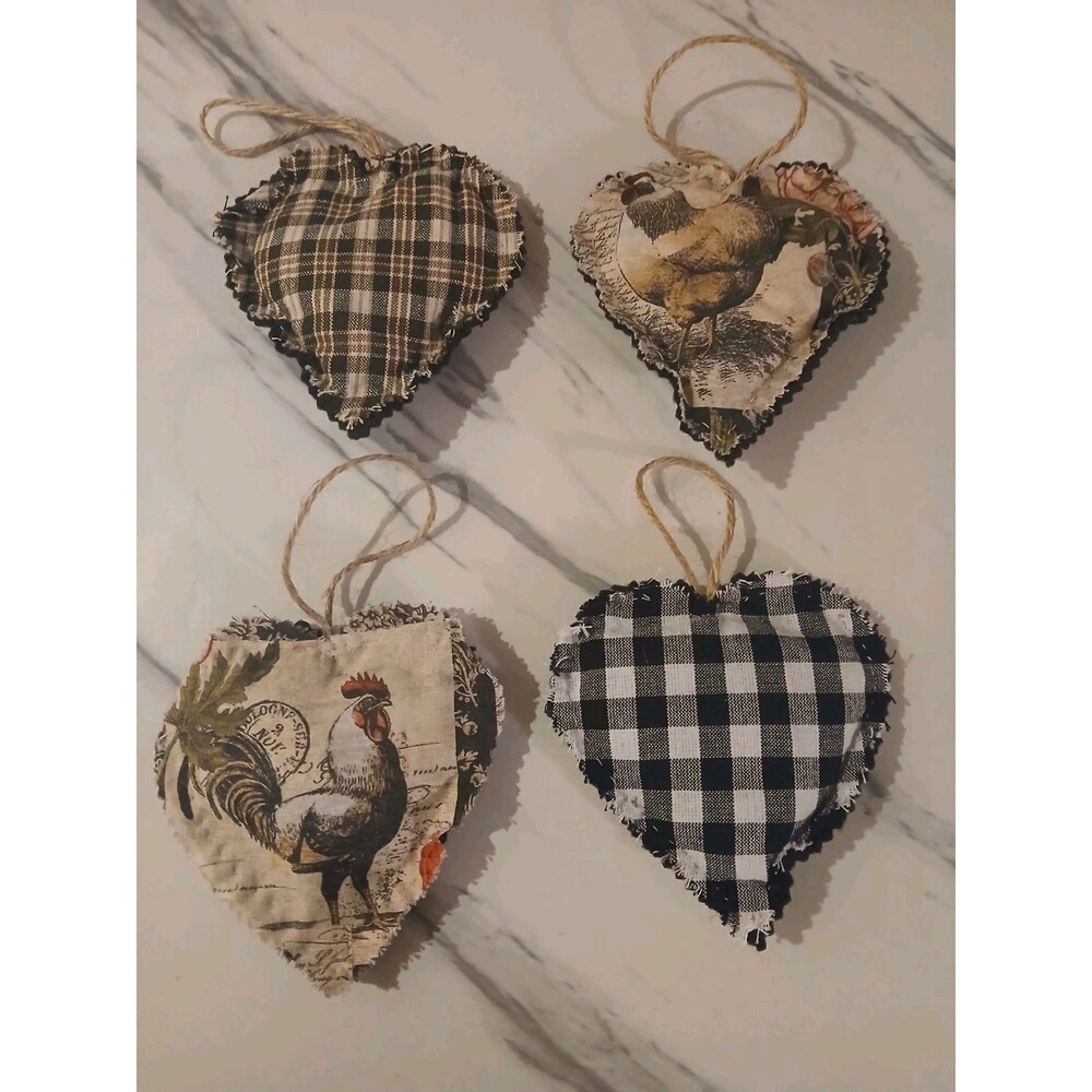 Christmas Ornaments  Handmade Gift  Primitive Cottage Rooster Heart - Set of 4